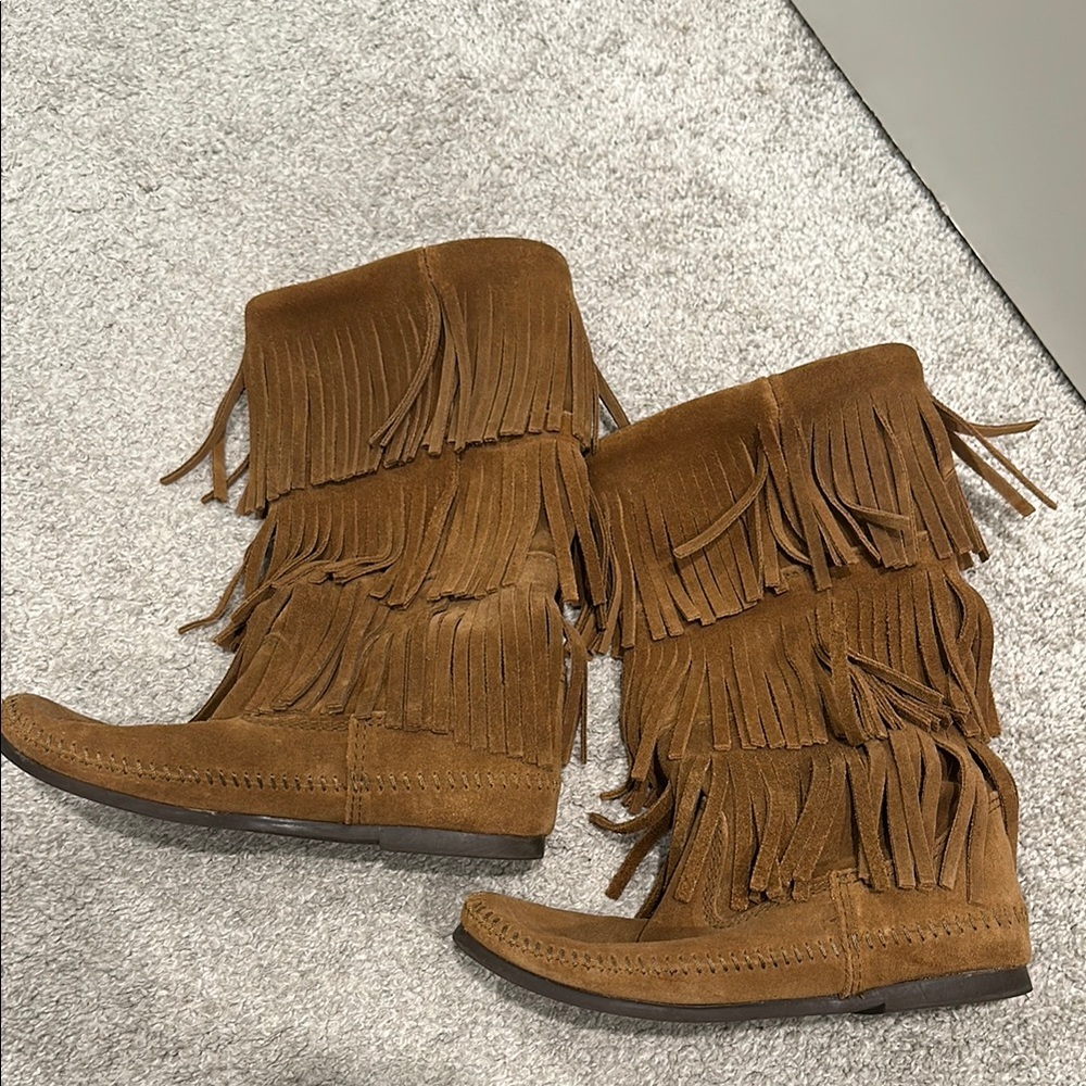 Fringe Suede Boots - Brown